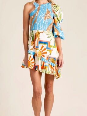 Alden Adair One-Shoulder Blue & White Tropical Print Mini Dress NWt size large